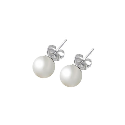 Sterling Silver Rhodium Plated Round Pearl Stud Earring