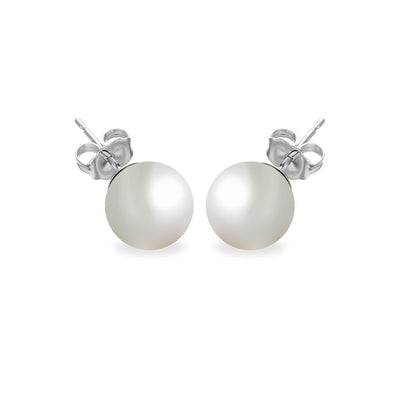 Sterling Silver Rhodium Plated Round Pearl Stud Earring