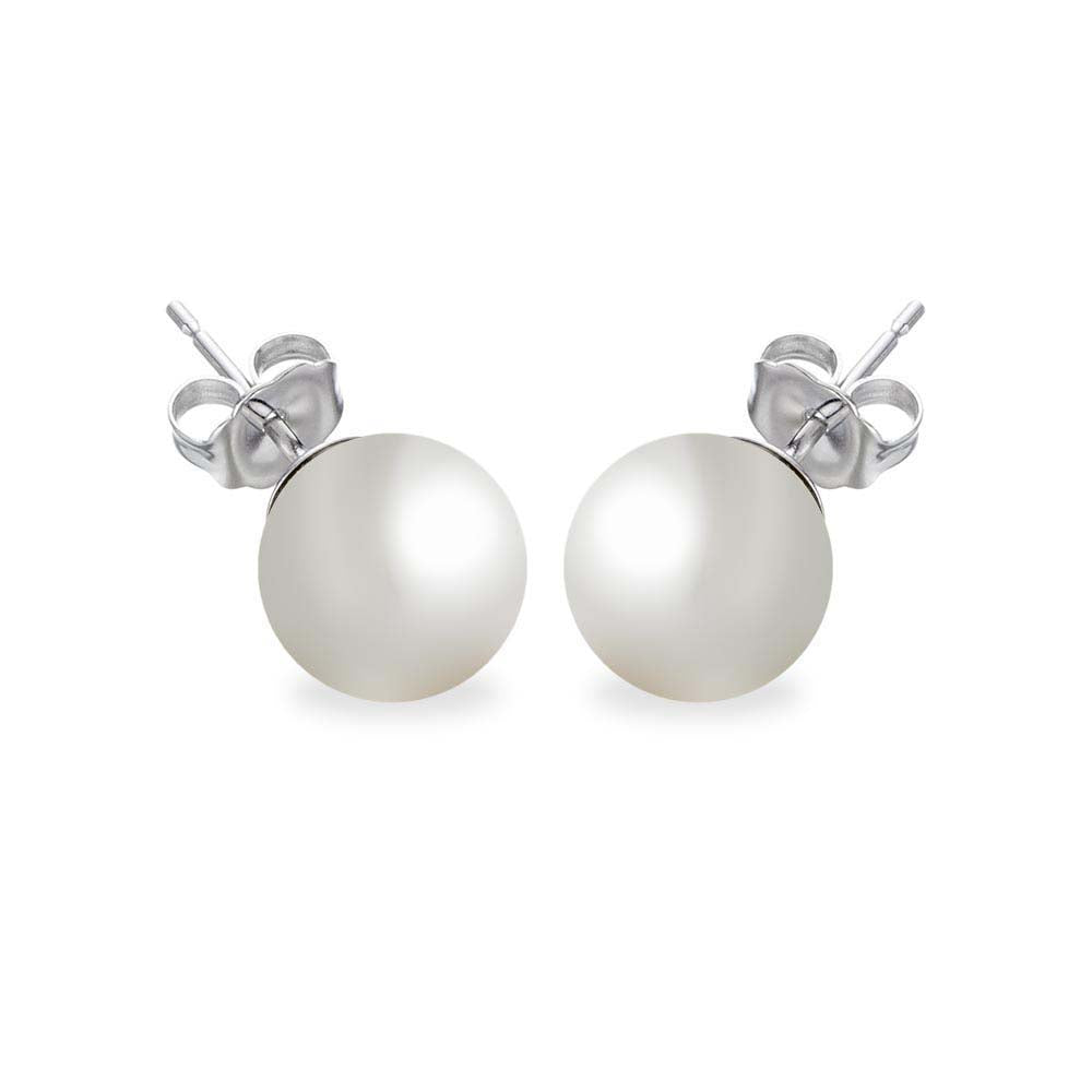 Sterling Silver Rhodium Plated Round Pearl Stud Earring