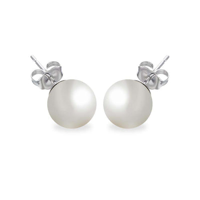 Sterling Silver Rhodium Plated Round Pearl Stud Earring