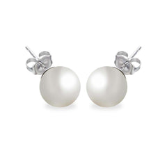 Sterling Silver Rhodium Plated Round Pearl Stud Earring