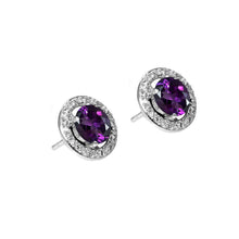 Load image into Gallery viewer, Sterling Silver Classic Round Cut Amethyst Cz with Paved Halo Setting Stud EarringAnd Earring Dimensions of 10MMx10MM