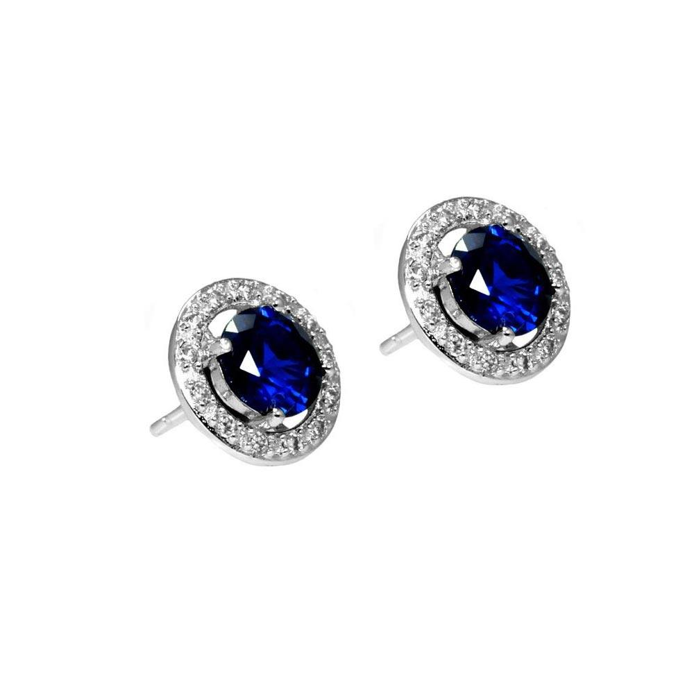 Sterling Silver Classic Round Cut Blue Sapphire Cz with Paved Halo Setting Stud EarringAnd Earring Dimensions of 10MMx10MM