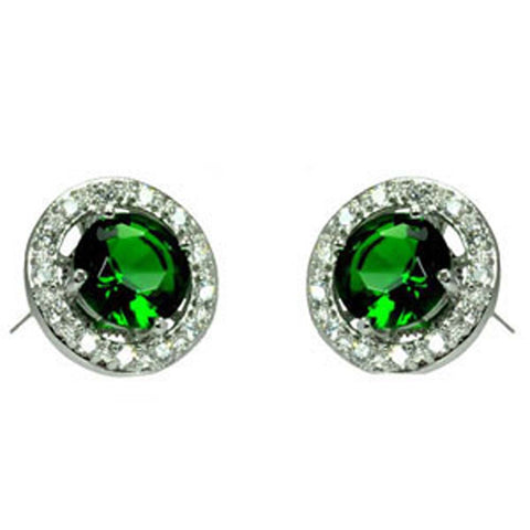 Sterling Silver Classic Round Cut Emerald Cz with Paved Halo Setting Stud EarringAnd Earring Dimensions of 10MMx10MM