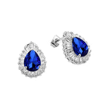 Load image into Gallery viewer, Sterling Silver Rhodium Plated Teardrop Shaped  Stud Earring With Blue Baguette And Clear CZ Stones