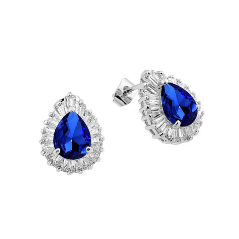 Sterling Silver Rhodium Plated Teardrop Shaped  Stud Earring With Blue Baguette And Clear CZ Stones