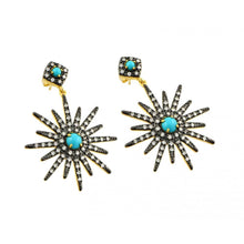Load image into Gallery viewer, Sterling Silver Two Tone Gold And Black Rhodium Plated Sun Clear CZ Turquoise Round Dangling Stud Earrings