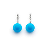 Sterling Silver Rhodium Plated Small Turquoise Round Shaped Dangling Stud Earrings