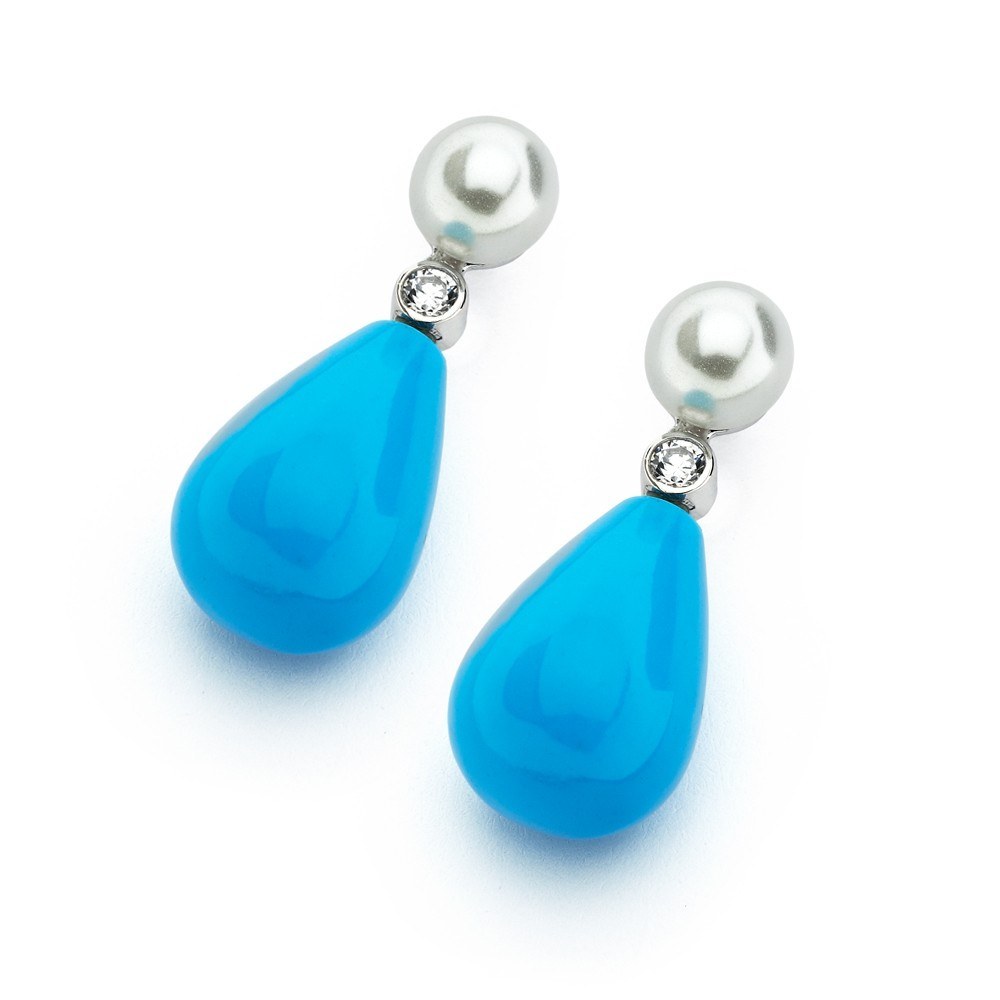 Sterling Silver Classic White Pearl with Single Clear Cz and Teardrop Shaped Turquoise Drop Dangle Stud EarringAnd Earring Dimensions of 30MMx13MM