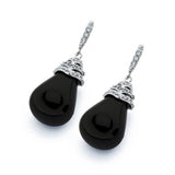 Sterling Silver Fancy Paved Bead Cap with Teardrop Shaped Black Onyx Stone Drop Dangle Stud EarringAnd Earring Dimensions of 30MMx13MM