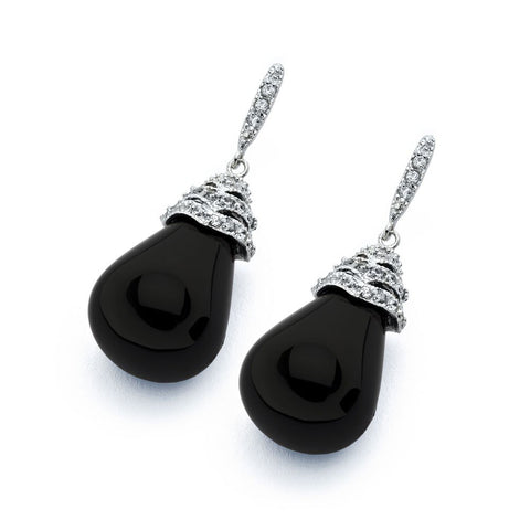 Sterling Silver Fancy Paved Bead Cap with Teardrop Shaped Black Onyx Stone Drop Dangle Stud EarringAnd Earring Dimensions of 30MMx13MM