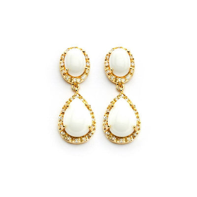 Sterling Silver Gold Plated Elegant Oval and Pearshaped White Stones with Paved Halo Setting Drop Dangle Stud EarringAnd Earring Dimensions of 30MMx13MM