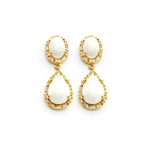 Sterling Silver Gold Plated Elegant Oval and Pearshaped White Stones with Paved Halo Setting Drop Dangle Stud EarringAnd Earring Dimensions of 30MMx13MM