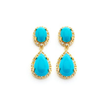 Load image into Gallery viewer, Sterling Silver Gold Plated Elegant Oval and Pear-shaped Turquoise Stones with Paved Halo Setting Drop Dangle Stud EarringAnd Earring Dimensions of 30MMx13MM