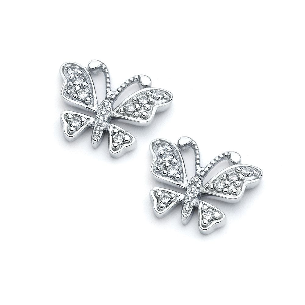 Sterling Silver Rhodium Plated Open Butterfly Shaped  Stud Earring With CZ Stones