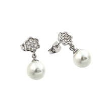 Load image into Gallery viewer, Sterling Silver Trendy Micro Paved Flower Design with Round White Pearl Drop Dangle Stud EarringAnd Earring Dimensions of 18.7MMx8MM