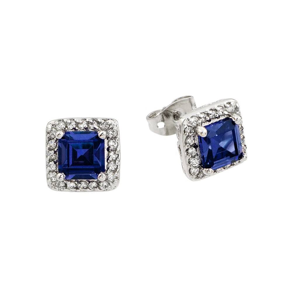 Sterling Silver Classic Princess Cut Blue Sapphie Cz with Paved Halo Setting Stud EarringAnd Earring Dimensions of 8.5MMx8.5MM