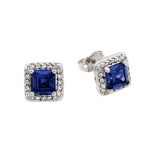 Load image into Gallery viewer, Sterling Silver Classic Princess Cut Blue Sapphie Cz with Paved Halo Setting Stud EarringAnd Earring Dimensions of 8.5MMx8.5MM