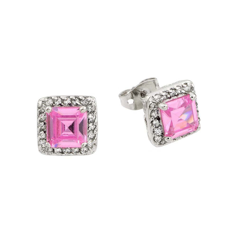 Sterling Silver Classic Princess Cut Pink Cz with Paved Halo Setting Stud EarringAnd Earring Dimensions of 8.5MMx8.5MM