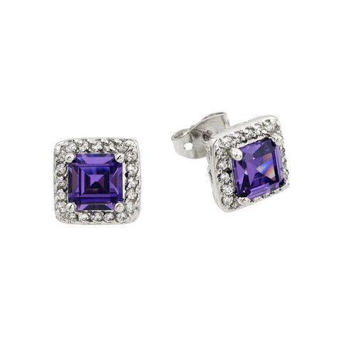 Sterling Silver Classic Princess Cut Amethyst Cz with Paved Halo Setting Stud EarringAnd Earring Dimensions of 8.5MMx8.5MM