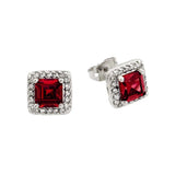 Sterling Silver Classic Princess Cut Garnet Cz with Paved Halo Setting Stud EarringAnd Earring Dimensions of 8.5MMx8.5MM