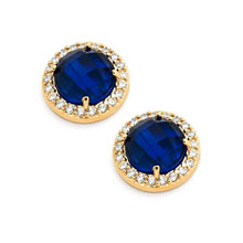 Load image into Gallery viewer, Sterling Silver Gold Plated Blue Center Clear Outline CZ Stud Earrings