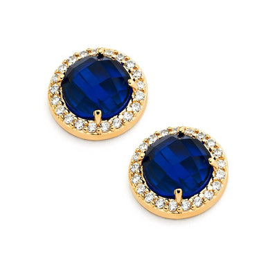 Sterling Silver Gold Plated Blue Center Clear Outline CZ Stud Earrings