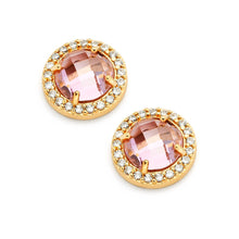 Load image into Gallery viewer, Sterling Silver Gold Plated Pink Center Clear Outline CZ Stud Earrings