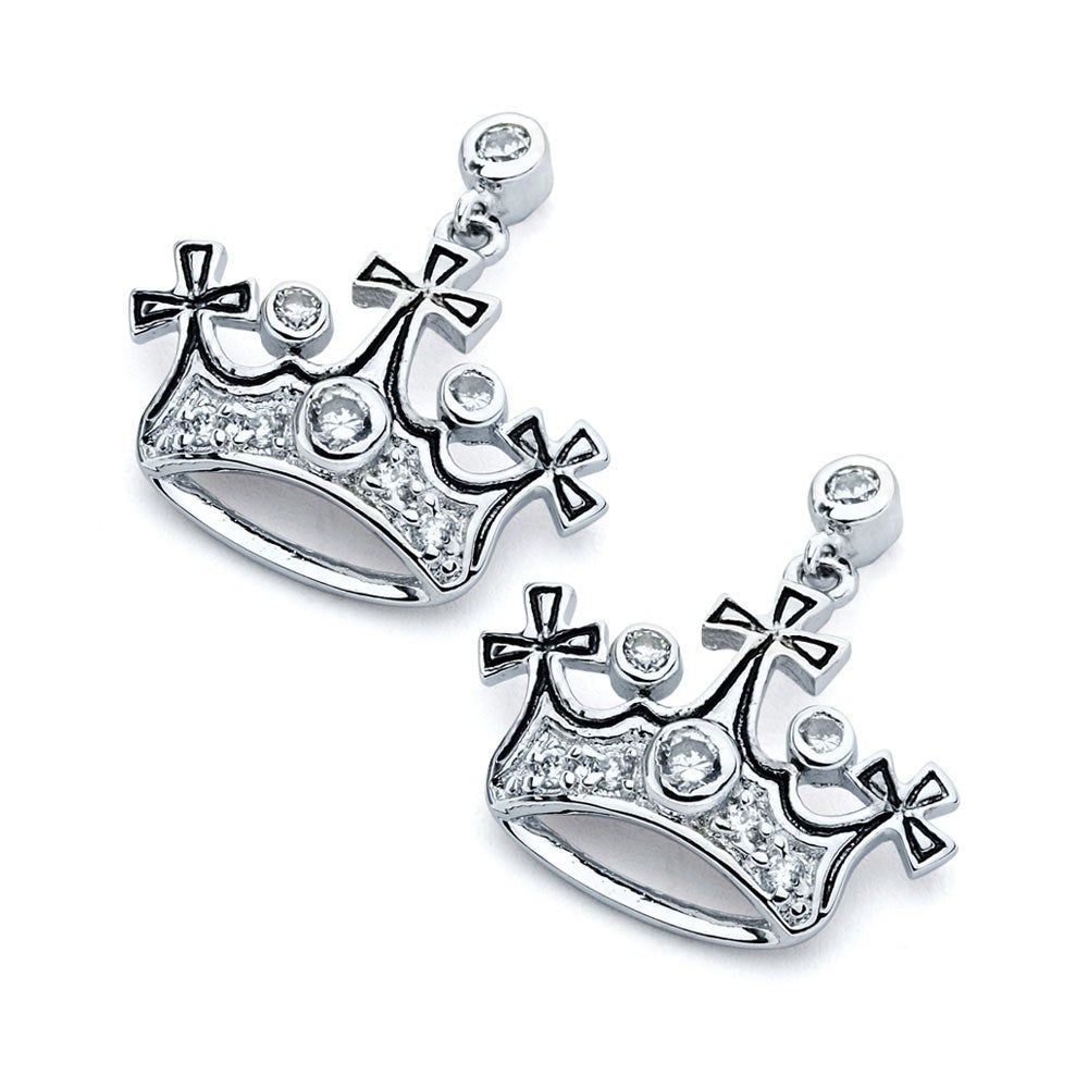 Sterling Silver Fancy Crown with Cross Design Embedded with Round Cut Clear Czs on Bezel SettingAnd Earring Dimensions of 18MMx15MM