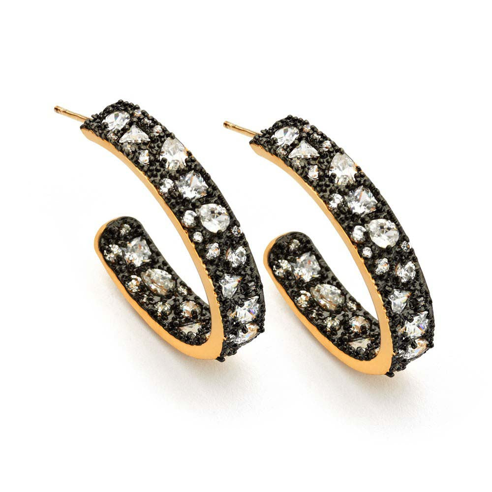 Sterlng Silver Gold Plated Multiple Graduated Crescent Clear CZ Stud Earrings