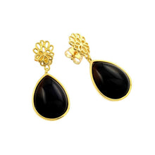 Load image into Gallery viewer, Sterling Silver Gold Plated Fancy Flower Design with Teardrop Black Onyx Stone Drop Dangle Stud EarringAnd Earring Dimensions of 14MMx30.3MM