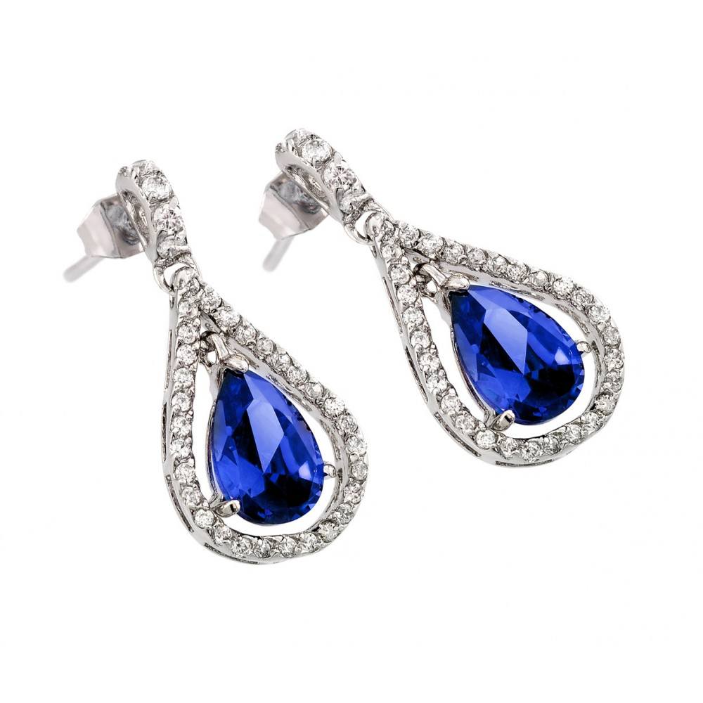 Sterling Silver Classic Style Channel Earring with Blue Teardrop Center Stone Enclosed with fine Clear Czs. Earring Dimensions of 23.1MMx10.9MM