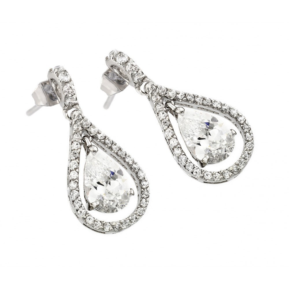 Sterling Silver Classic Style Channel Earring with Clear Teardrop Center Stone Enclosed with Fine Clear Czs. Earring Dimensions of 23.1MMx10.9MM