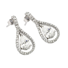 Load image into Gallery viewer, Sterling Silver Classic Style Channel Earring with Clear Teardrop Center Stone Enclosed with Fine Clear Czs. Earring Dimensions of 23.1MMx10.9MM