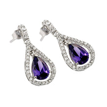 Load image into Gallery viewer, Sterling Silver Classic Style Channel Earring with Purple Teardrop Center Stone Enclosed with Fine Clear Czs. Earring Dimensions of 23.1MMx10.9MM