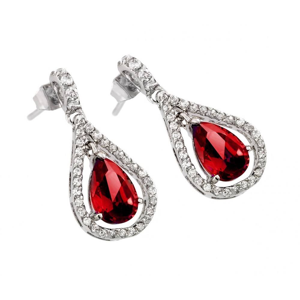 Sterling Silver Classic Style Channel Earring with Red Teardrop Center Stone Enclosed with Fine Clear Czs. Earring Dimensions of 23.1MMx10.9MM