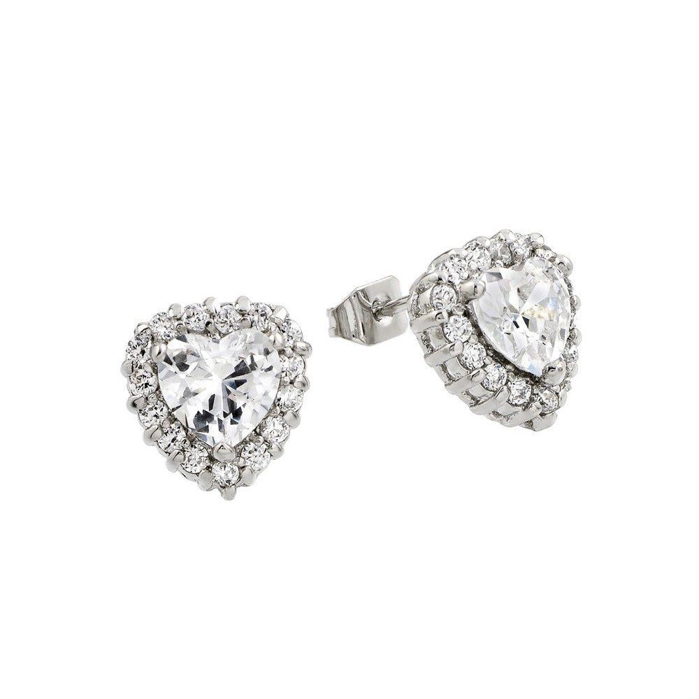 A Trendy Heart  Stud Earrings Set in Sterling Silver With Heart Shape Clear Cz Stone and Fixed with Round Clear CzsAnd Dimensions of 11.9MM x 11.4MM