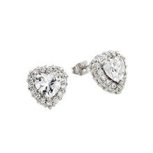 Load image into Gallery viewer, A Trendy Heart  Stud Earrings Set in Sterling Silver With Heart Shape Clear Cz Stone and Fixed with Round Clear CzsAnd Dimensions of 11.9MM x 11.4MM