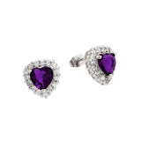 A Trendy Heart  Stud Earrings Set in Sterling Silver With Heart Shape Purple Cz Stone and Fixed with Round Clear CzsAnd Dimensions of 11.9MM x 11.4MM