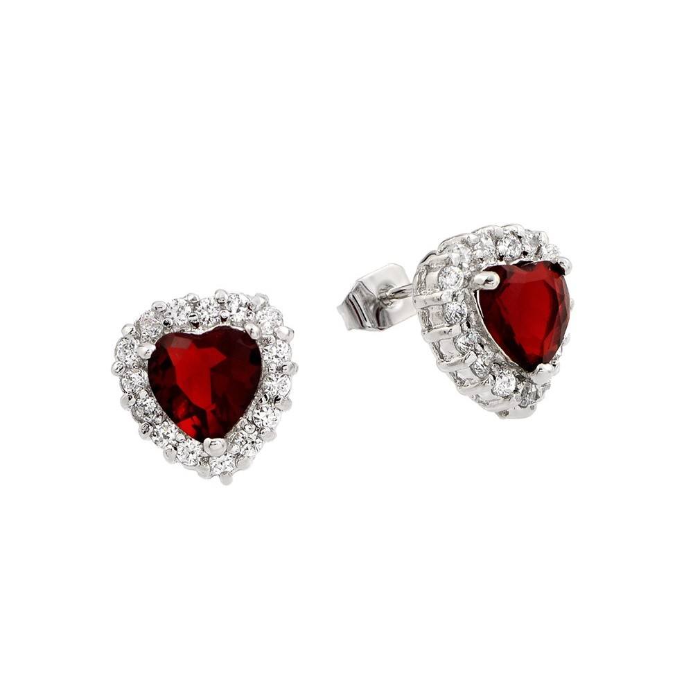 A Trendy Heart  Stud Earrings Set in Sterling Silver With Heart Shape Red Cz Stone and Fixed with Round Clear CzsAnd Dimensions of 11.9MM x 11.4MM
