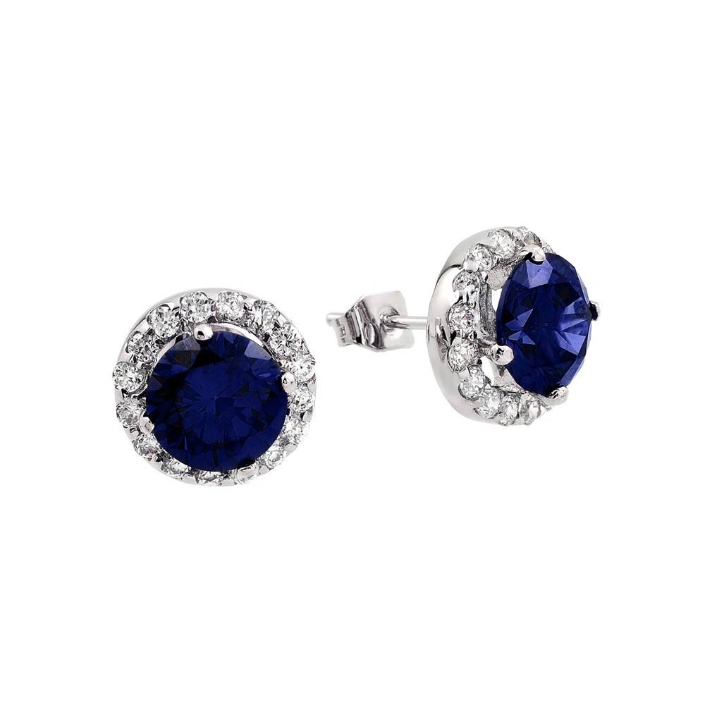 Sterling silver Classic Style Round Stud Earrings With Blue Cz Stone and Fixed with Round Clear Cz Stones. Earring Width 12.2MM