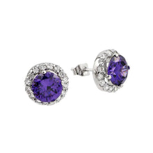 Load image into Gallery viewer, Sterling silver Classic Style Round Stud Earrings With Purple Cz Stone and Fixed with Round Clear Czs Earring Width 12.2MM