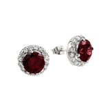 Sterling silver Classic Style Round Stud Earrings With Red Cz Stone and Fixed with Round Clear Czs. Earring Width 12.2MM