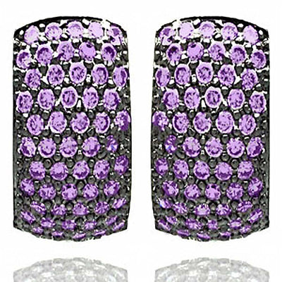 Sterling silver Fashionable Huggie Earrings Inlaid With Purple Cz Stones. Earring Width of 9.5MM
