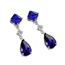 Load image into Gallery viewer, A Fashionable Sterling Silver Dangling Earring with Diamond Cut and Teardrop Shape Purple Cz Stones and Fixed With  Round Clear Czs. Earring Dimenions of 32.1MM x 8MM