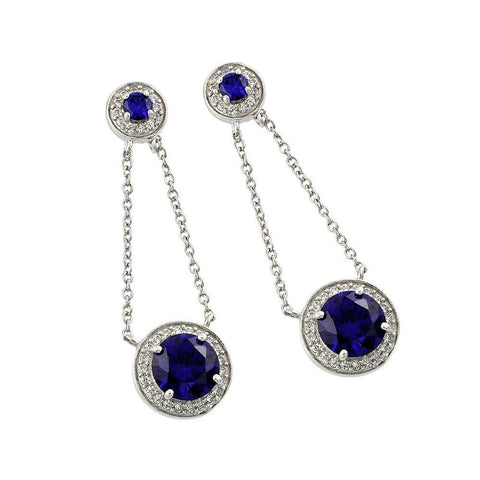 A Fashionable Sterling Silver Wire Dangling Earring with Round Blue and Clear Cz Stones. Earring Length of 48MM.