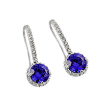 Load image into Gallery viewer, A Stylish Sterling Silver Hook Earrings With Round Purple Stone and Fixed With Clear Cz Stones. Earring Dimenions of 26MM x 10MM