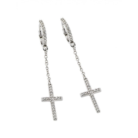 A Modern Cabled Dangling Hoop Earring Cross Design Set in Sterling Silver Inlaid With Clear Cz StonesAnd Earring Width 9.9MM