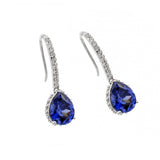 Elegant Sterling Silver Dangling Stud Earrings Wire Patterned with Clear Cz and Blue Centered Cz Stone with Dimesnions of 27.2MM x 9.5MM