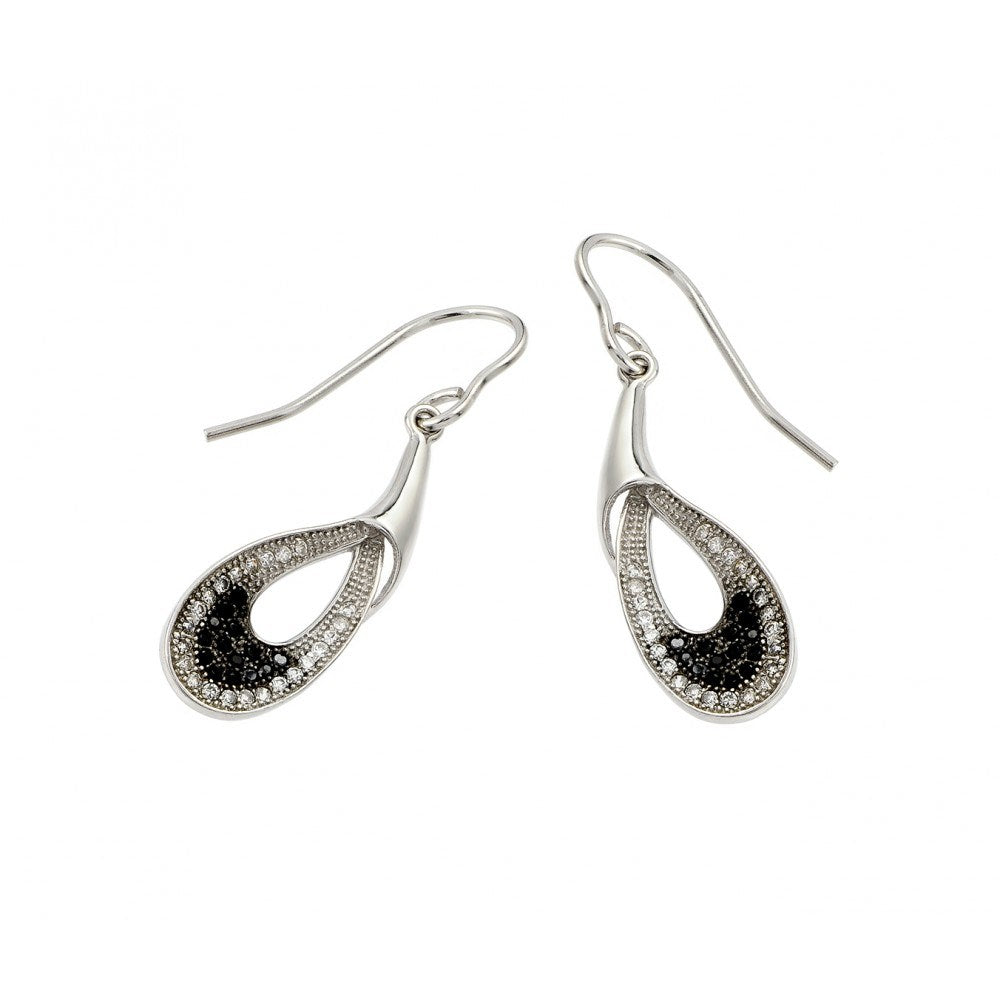 Sterling Silver Trendy Open Teardrop Design Hook Earrings Set in Fine Clear and black Cz Stones with Earring Dimension of 33.7MM x 8.8MM